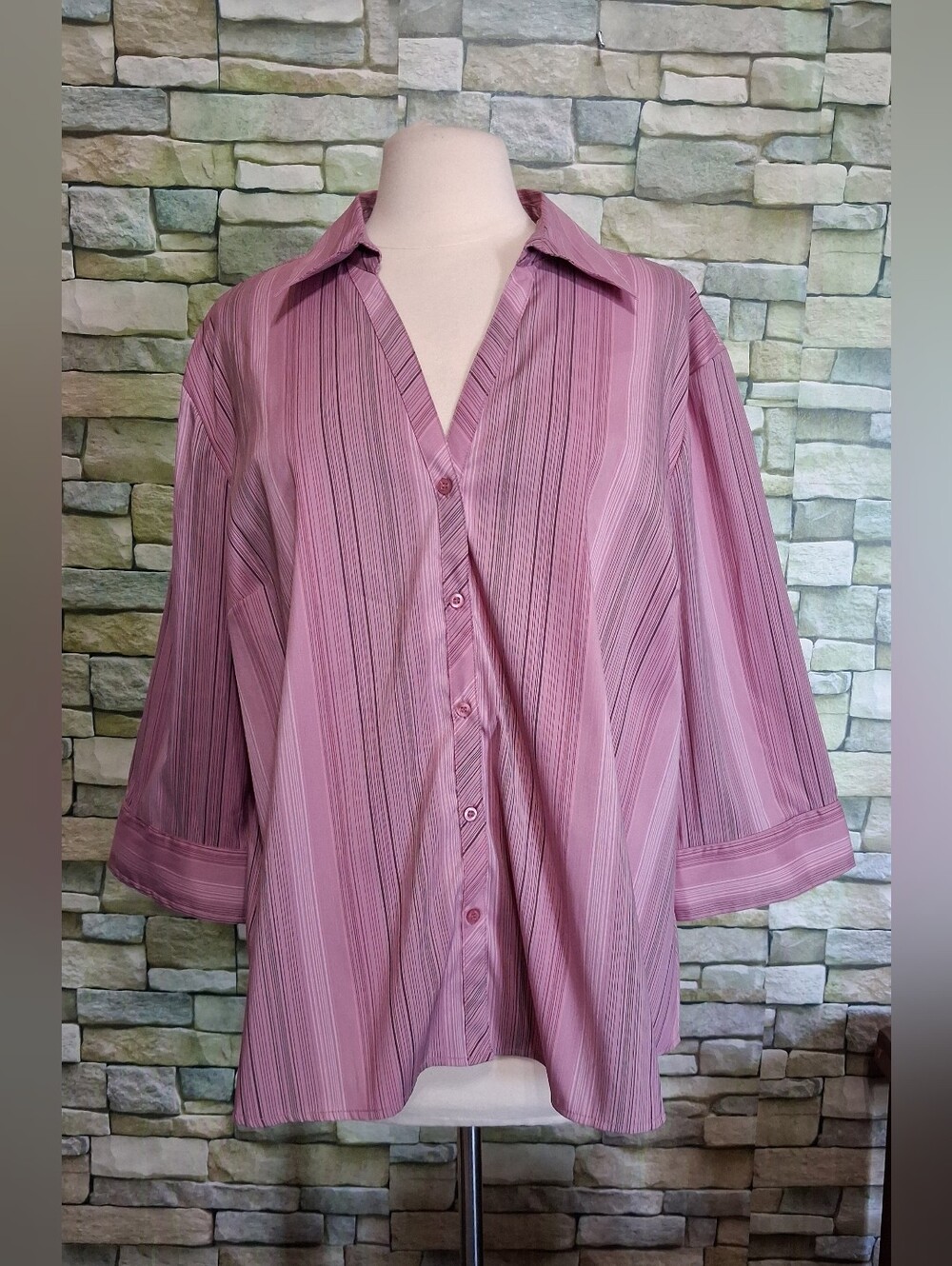 Womens 2X Pink Mauve Striped Stretch Button-Down Shirt Business Casual